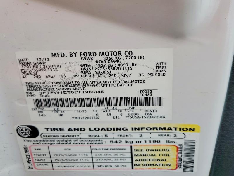 2013 Ford F150 მანქანა იყიდება აუქციონზე, vin: 1FTFW1ET0DFB00345, აუქციონის ნომერი: 69419726