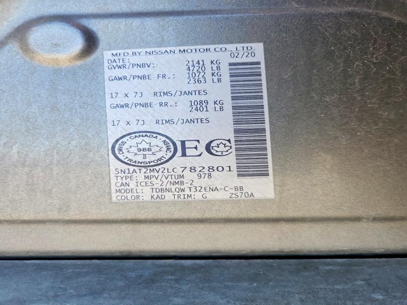 68804366 :رقم المزاد ، 5N1AT2MV2LC782801 vin ، 2020 Nissan Rogue مزاد بيع