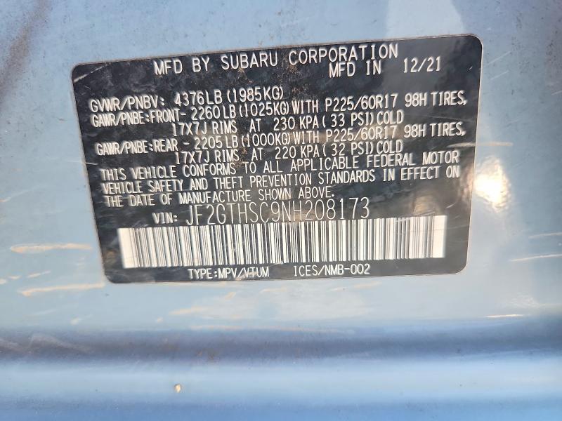 Aukcja sprzedaży 2022 Subaru Crosstrek, vin: JF2GTHSC9NH208173, numer aukcji: 69813916
