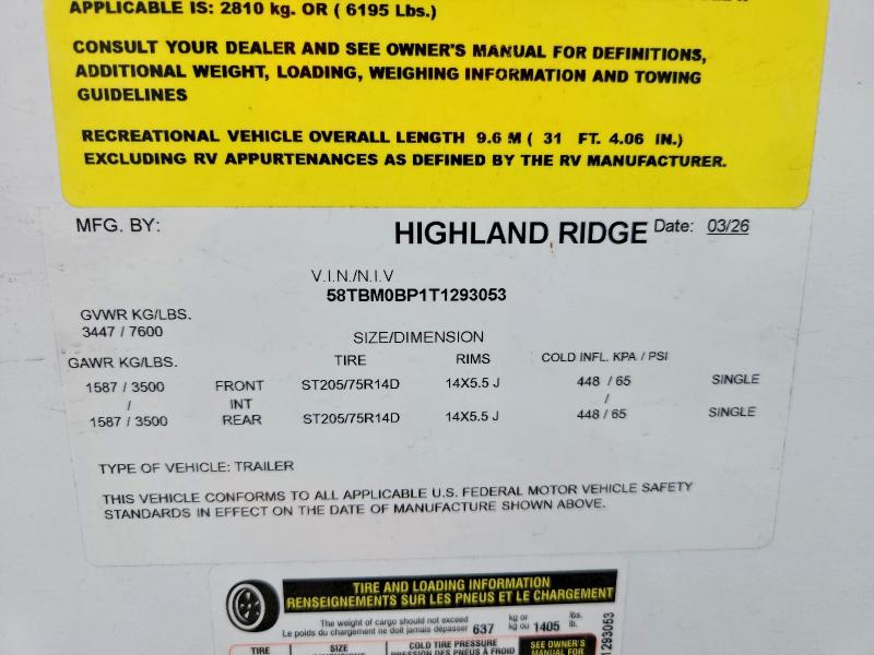 Продаж на аукціоні авто 2026 Highland Ridge Open Range, vin: 58TBM0BP1T1293053, номер лоту: 69189746