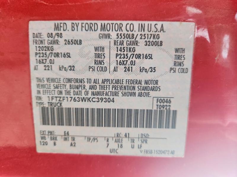 Продаж на аукціоні авто 1998 Ford F150, vin: 1FTZF1763WKC39304, номер лоту: 68644766