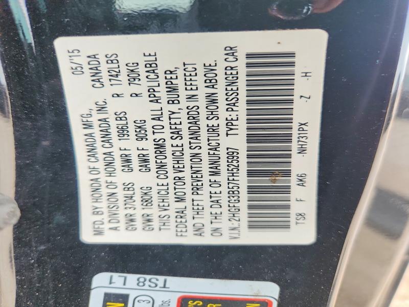 70600256 :رقم المزاد ، 2HGFG3B57FH525997 vin ، 2015 Honda Civic مزاد بيع