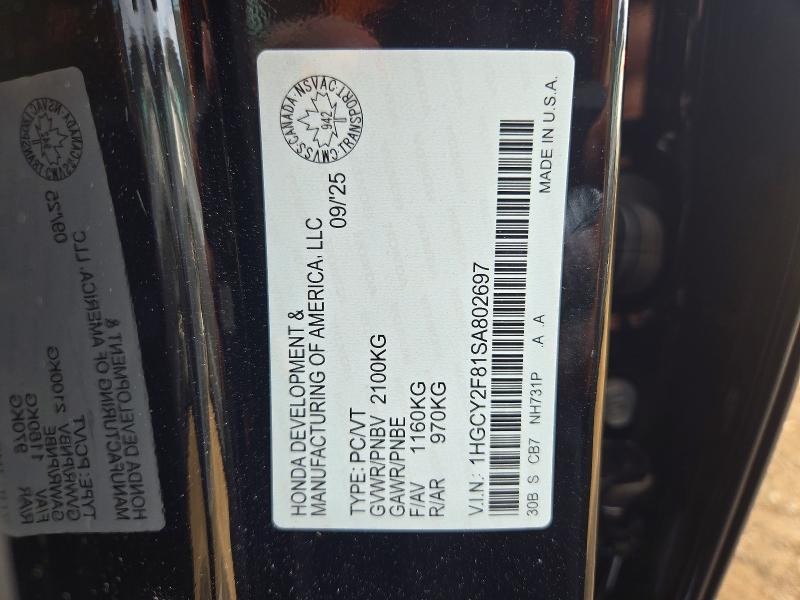 2025 Honda Accord მანქანა იყიდება აუქციონზე, vin: 1HGCY2F81SA802697, აუქციონის ნომერი: 68635976