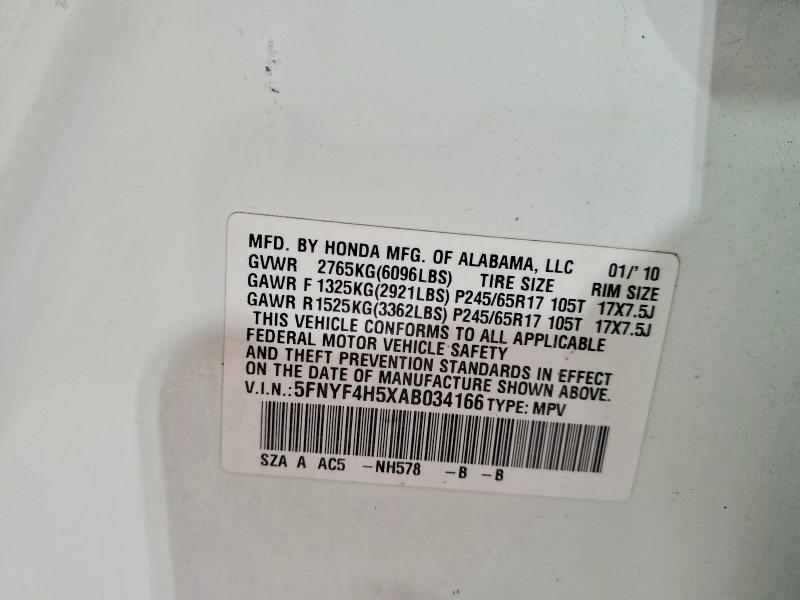 2010 Honda Pilot მანქანა იყიდება აუქციონზე, vin: 5FNYF4H5XAB034166, აუქციონის ნომერი: 68516856