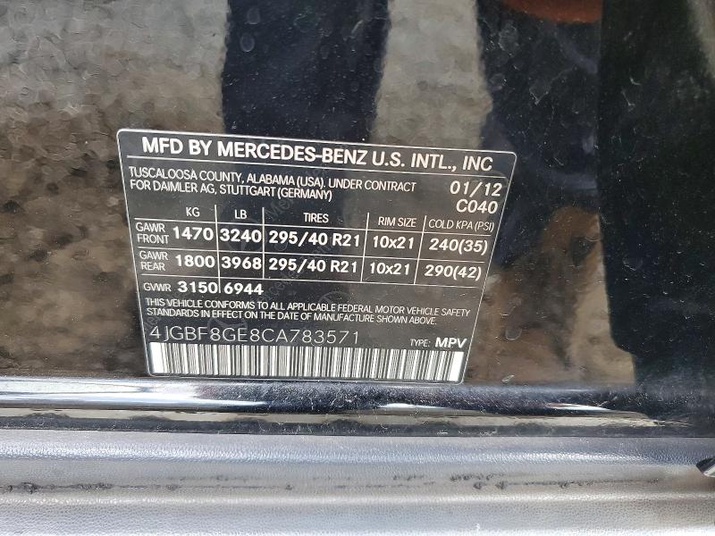 Aukcja sprzedaży 2012 Mercedes-benz Gl, vin: 4JGBF8GE8CA783571, numer aukcji: 69181856