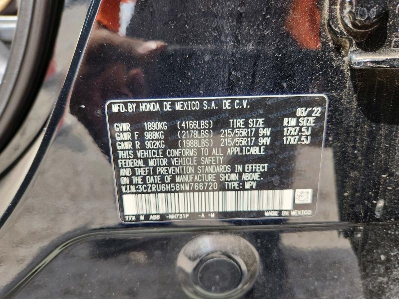 2022 Honda Hr-v მანქანა იყიდება აუქციონზე, vin: 3CZRU6H58NM766720, აუქციონის ნომერი: 70372426