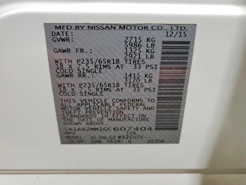 2016 Nissan Pathfinder მანქანა იყიდება აუქციონზე, vin: 5N1AR2MM1GC607404, აუქციონის ნომერი: 70506266