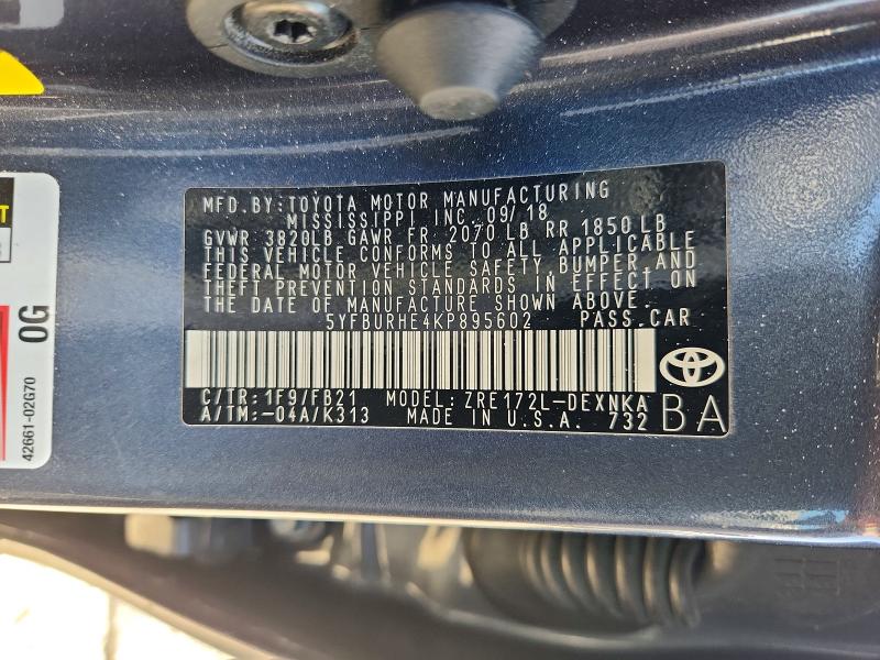 68897146 :رقم المزاد ، 5YFBURHE4KP895602 vin ، 2019 Toyota Corolla مزاد بيع