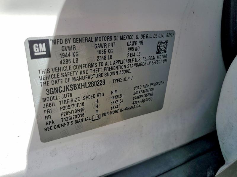 Aukcja sprzedaży 2017 Chevrolet Trax, vin: 3GNCJKSBXHL280228, numer aukcji: 67960746