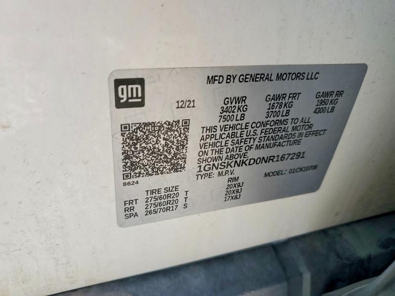 2022 Chevrolet Tahoe მანქანა იყიდება აუქციონზე, vin: 1GNSKNKD0NR167291, აუქციონის ნომერი: 69852416