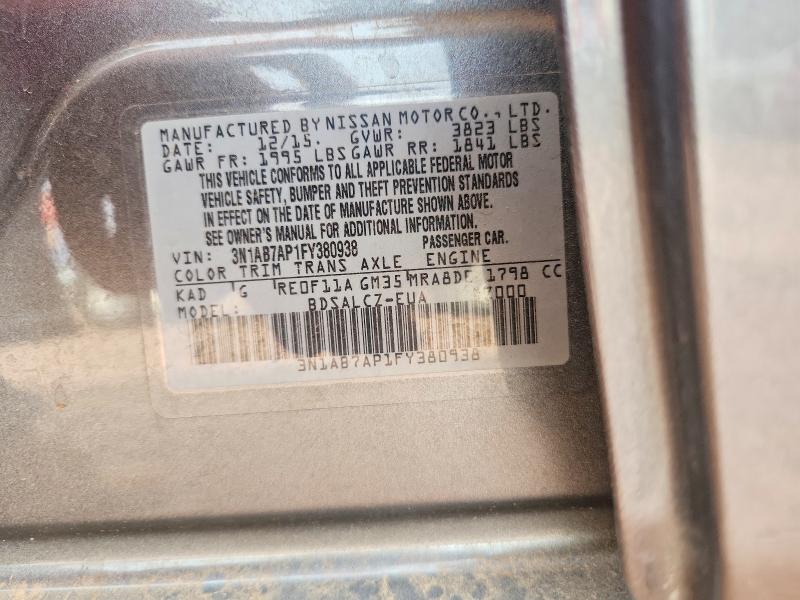 2015 Nissan Sentra მანქანა იყიდება აუქციონზე, vin: 3N1AB7AP1FY380938, აუქციონის ნომერი: 61454396