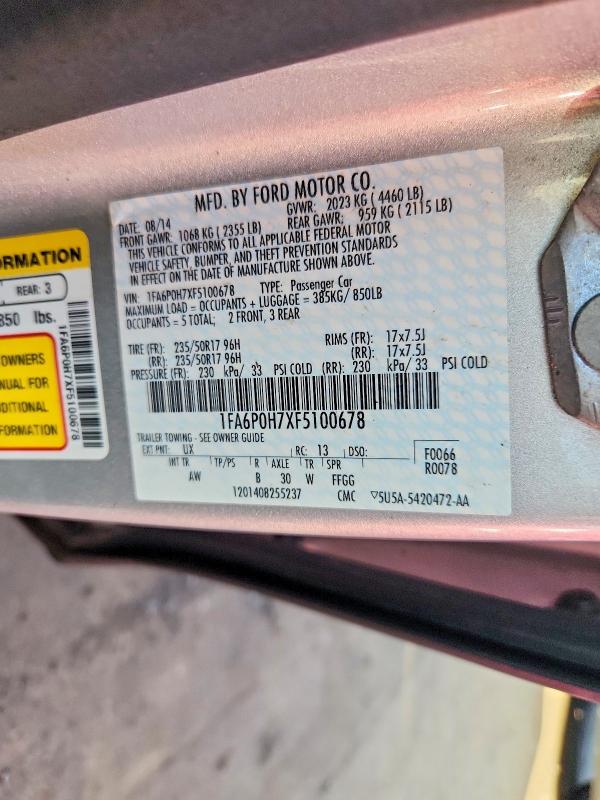 2015 Ford Fusion მანქანა იყიდება აუქციონზე, vin: 1FA6P0H7XF5100678, აუქციონის ნომერი: 69687636