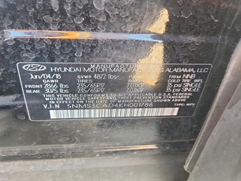 2019 Hyundai Santa Fe მანქანა იყიდება აუქციონზე, vin: 5NMS3CAD4KH001786, აუქციონის ნომერი: 67682116