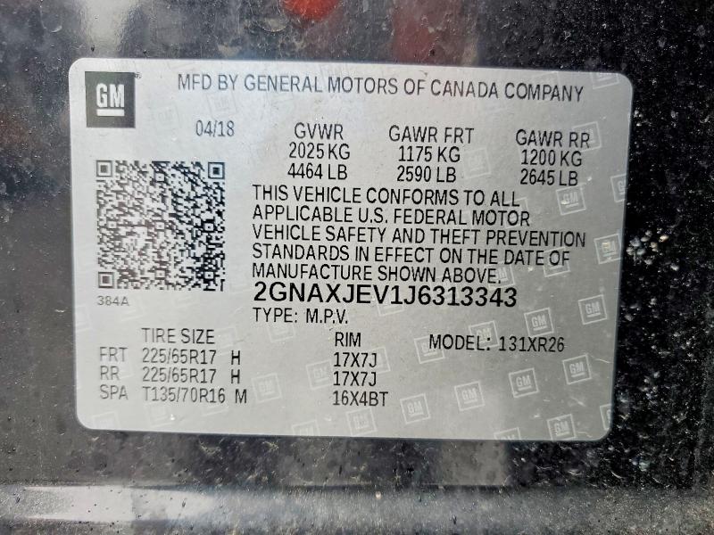 2018 Chevrolet Equinox მანქანა იყიდება აუქციონზე, vin: 2GNAXJEV1J6313343, აუქციონის ნომერი: 69936066