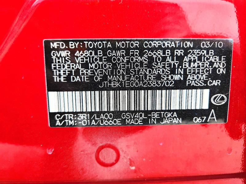 2010 Lexus Es მანქანა იყიდება აუქციონზე, vin: JTHBK1EG0A2383702, აუქციონის ნომერი: 68624996