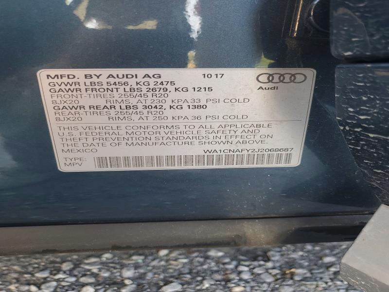 2018 Audi Q5 მანქანა იყიდება აუქციონზე, vin: WA1CNAFY2J2068687, აუქციონის ნომერი: 69735806