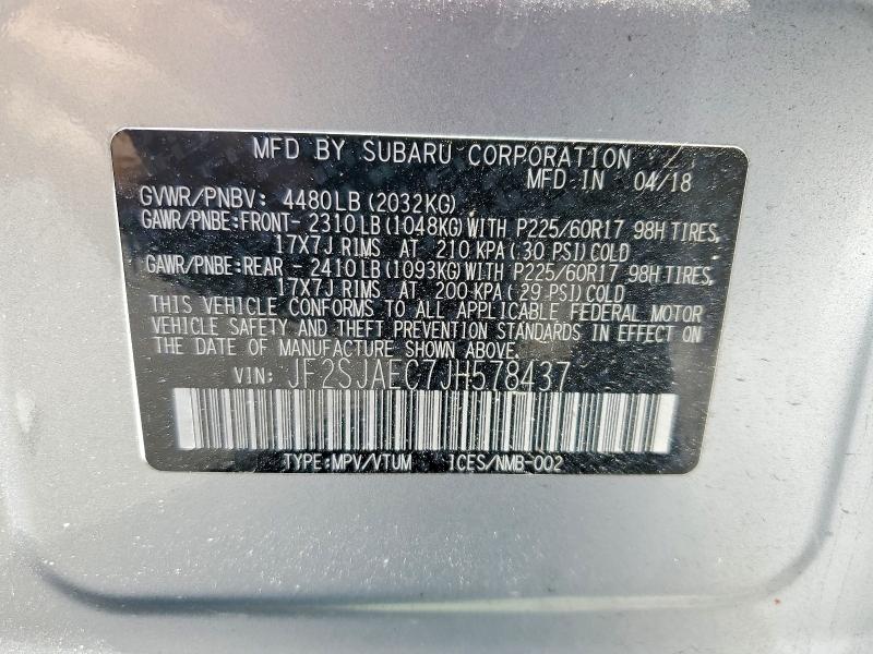 2018 Subaru Forester მანქანა იყიდება აუქციონზე, vin: JF2SJAEC7JH578437, აუქციონის ნომერი: 66859726