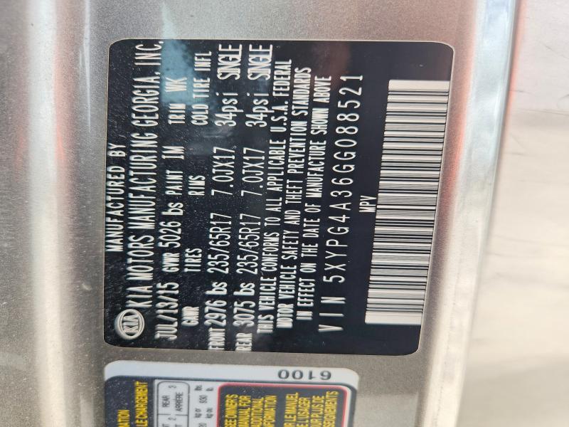 68068296 :رقم المزاد ، 5XYPG4A36GG088521 vin ، 2016 Kia Sorento مزاد بيع