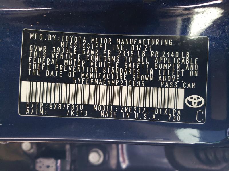 Продаж на аукціоні авто 2021 Toyota Corolla, vin: 5YFEPMAE4MP210695, номер лоту: 69945546