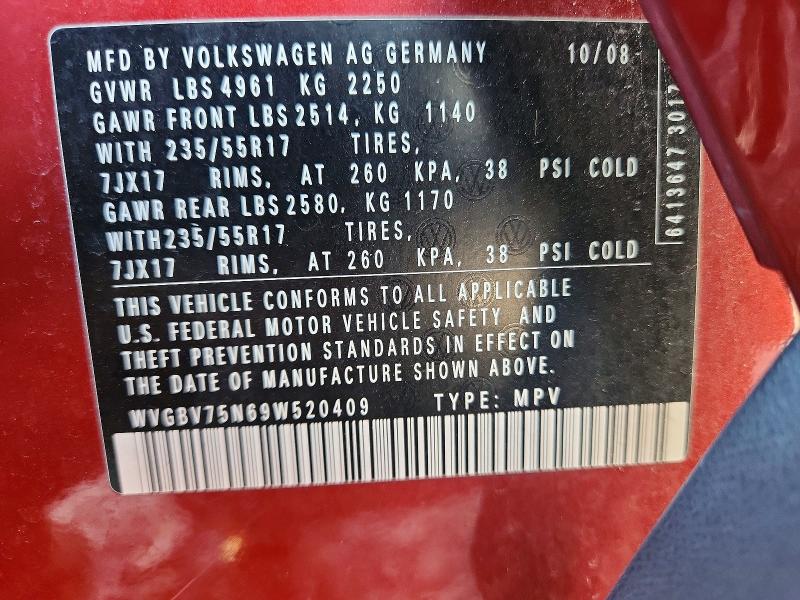 70026876 :رقم المزاد ، WVGBV75N69W520409 vin ، 2009 Volkswagen Tiguan مزاد بيع