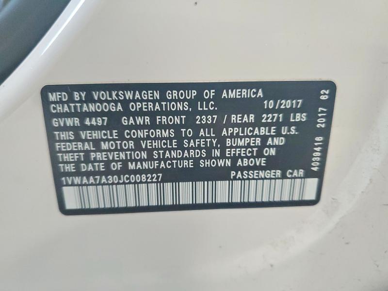 Продажа на аукционе авто 2018 Volkswagen Passat, vin: 1VWAA7A30JC008227, номер лота: 71236976