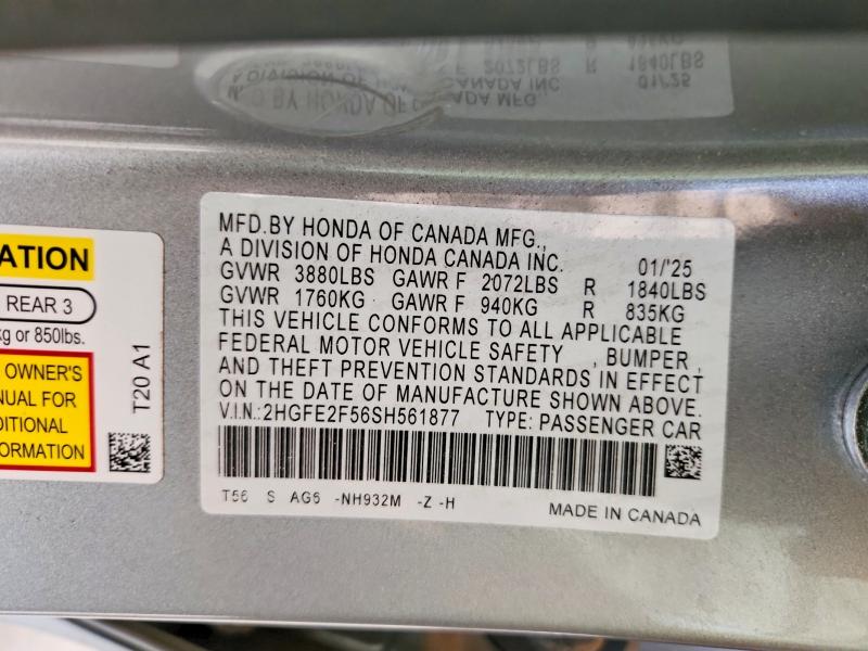 Aukcja sprzedaży 2025 Honda Civic, vin: 2HGFE2F56SH561877, numer aukcji: 68858336