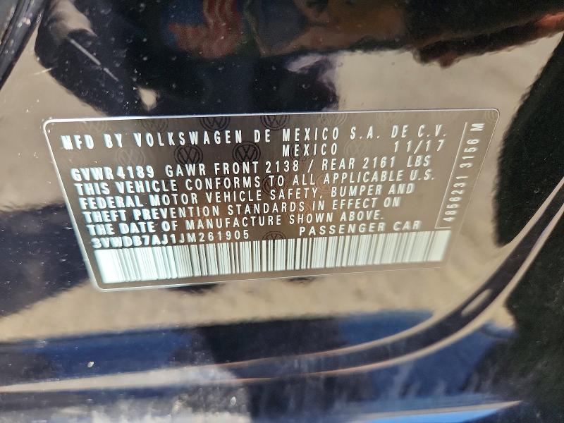 67702616 :رقم المزاد ، 3VWDB7AJ1JM261905 vin ، 2018 Volkswagen Jetta مزاد بيع