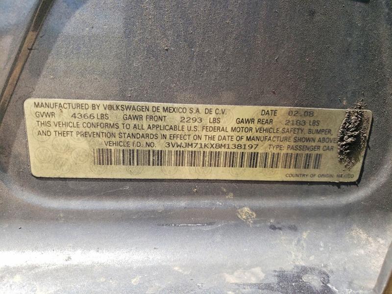 Продажа на аукционе авто 2008 Volkswagen Jetta, vin: 3VWJM71KX8M138197, номер лота: 68139816