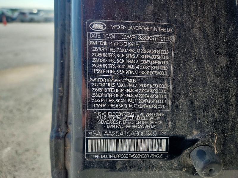 70104996 :رقم المزاد ، SALAA25415A306949 vin ، 2005 Land Rover Lr3 مزاد بيع