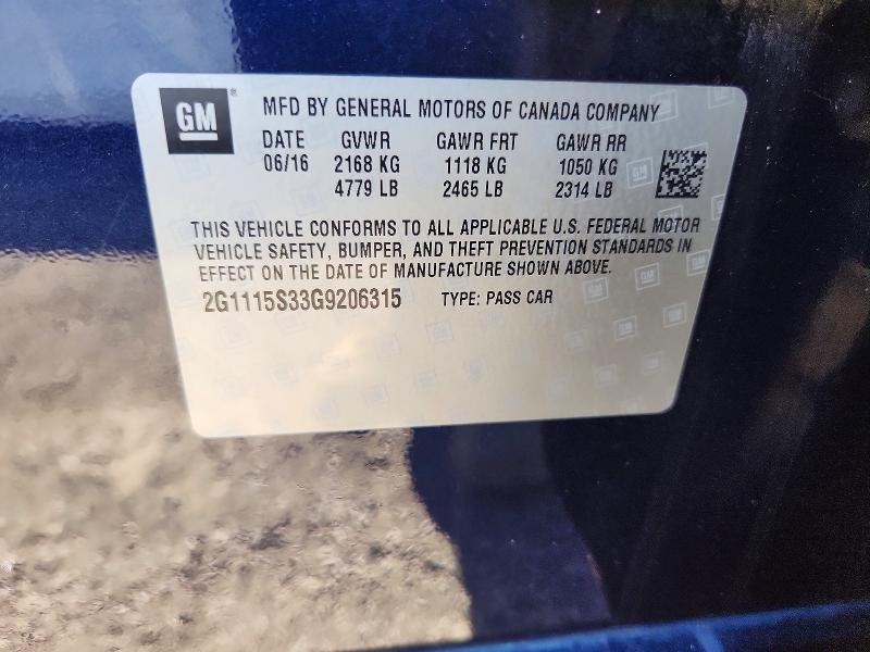 69814846 :رقم المزاد ، 2G1115S33G9206315 vin ، 2016 Chevrolet Impala مزاد بيع