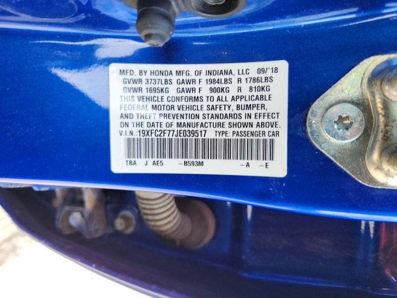 Aukcja sprzedaży 2018 Honda Civic, vin: 19XFC2F77JE039517, numer aukcji: 70722396