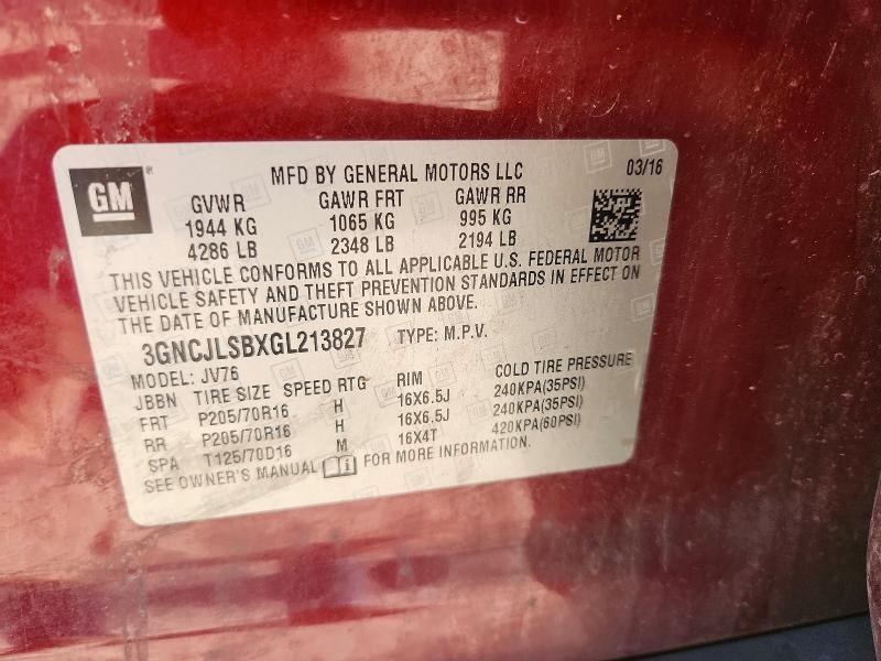 67663476 :رقم المزاد ، 3GNCJLSBXGL213827 vin ، 2016 Chevrolet Trax مزاد بيع