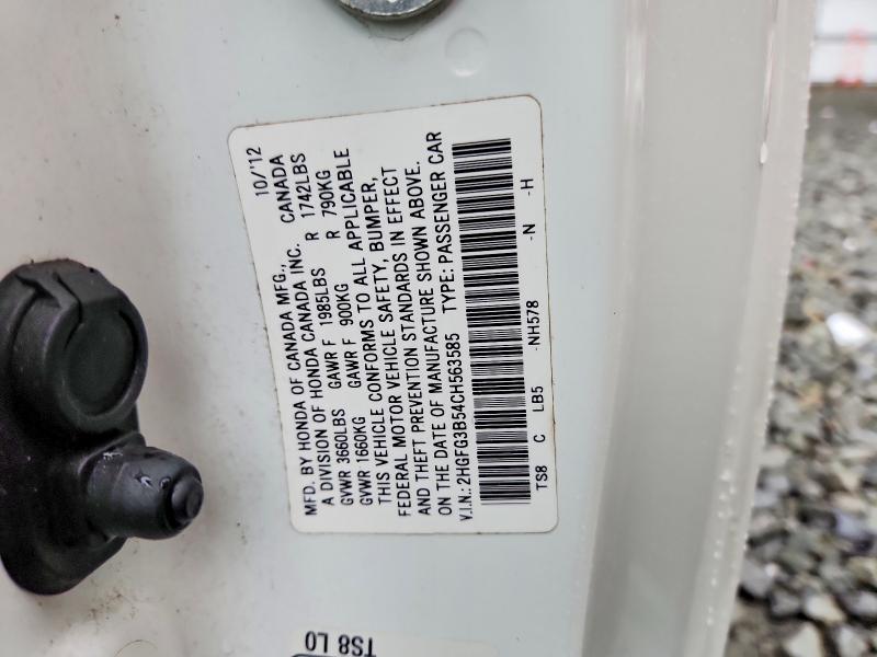 70519316 :رقم المزاد ، 2HGFG3B54CH563585 vin ، 2012 Honda Civic مزاد بيع