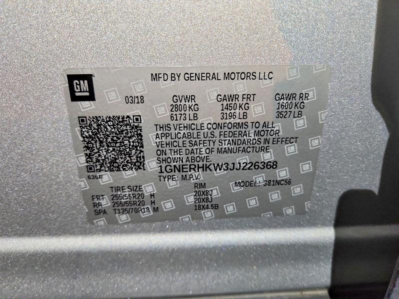 2018 Chevrolet Traverse მანქანა იყიდება აუქციონზე, vin: 1GNERHKW3JJ226368, აუქციონის ნომერი: 70881056