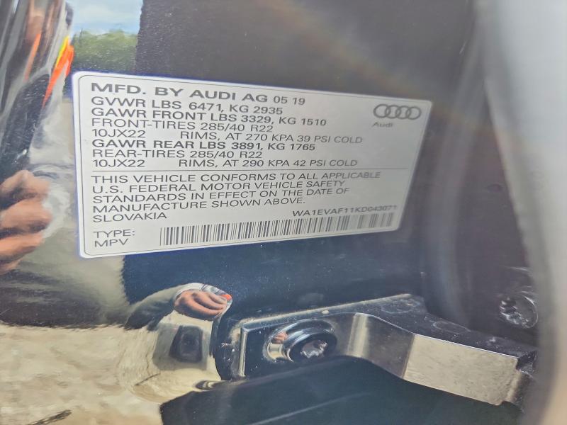 2019 Audi Q8 მანქანა იყიდება აუქციონზე, vin: WA1EVAF11KD043071, აუქციონის ნომერი: 70531876