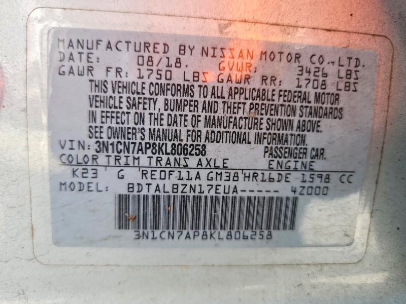 68515526 :رقم المزاد ، 3N1CN7AP8KL806258 vin ، 2019 Nissan Versa مزاد بيع