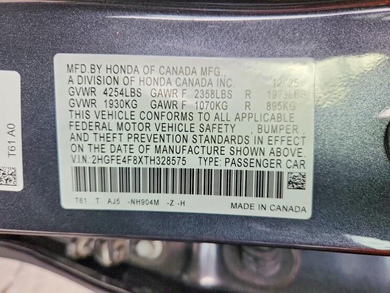 Aukcja sprzedaży 2026 Honda Civic, vin: 2HGFE4F8XTH328575, numer aukcji: 69341276