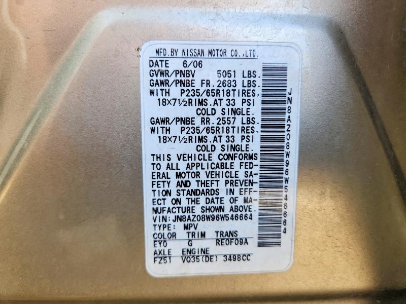 Auction sale of the 2006 Nissan Murano, vin: JN8AZ08W96W546664, lot number: 69092976