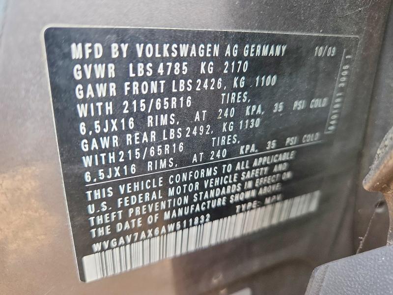 2010 Volkswagen Tiguan მანქანა იყიდება აუქციონზე, vin: WVGAV7AX6AW511832, აუქციონის ნომერი: 67543236