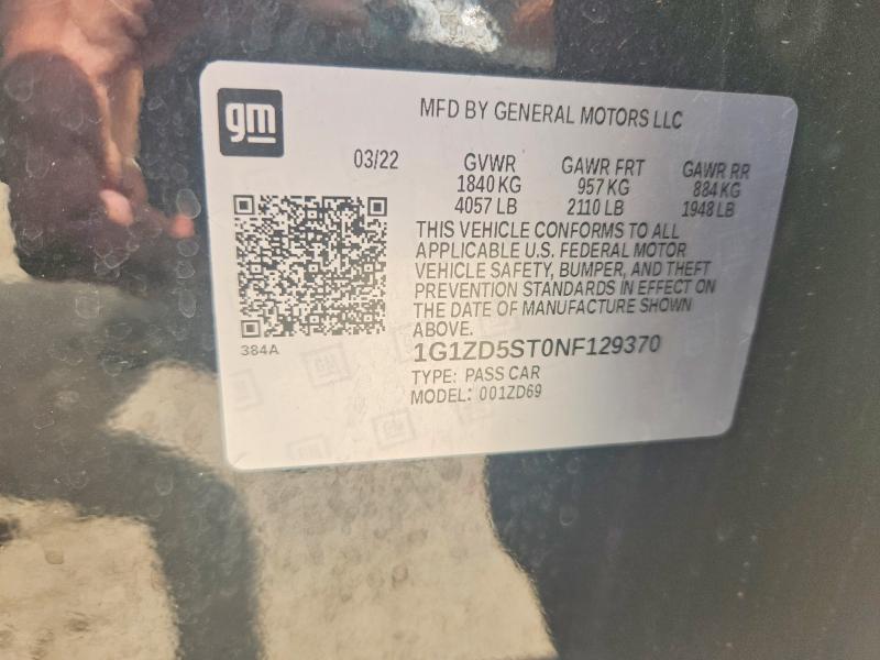 68049476 :رقم المزاد ، 1G1ZD5ST0NF129370 vin ، 2022 Chevrolet Malibu مزاد بيع