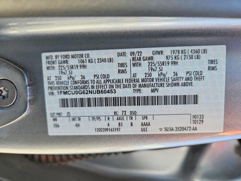 69733566 :رقم المزاد ، 1FMCU0G62NUB60453 vin ، 2022 Ford Escape مزاد بيع