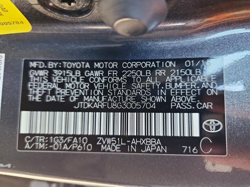 Продаж на аукціоні авто 2016 Toyota Prius, vin: JTDKARFU8G3005704, номер лоту: 70695876