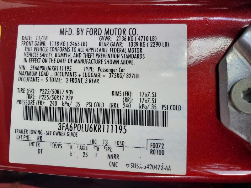 Продаж на аукціоні авто 2019 Ford Fusion, vin: 3FA6P0LU6KR111195, номер лоту: 71079056