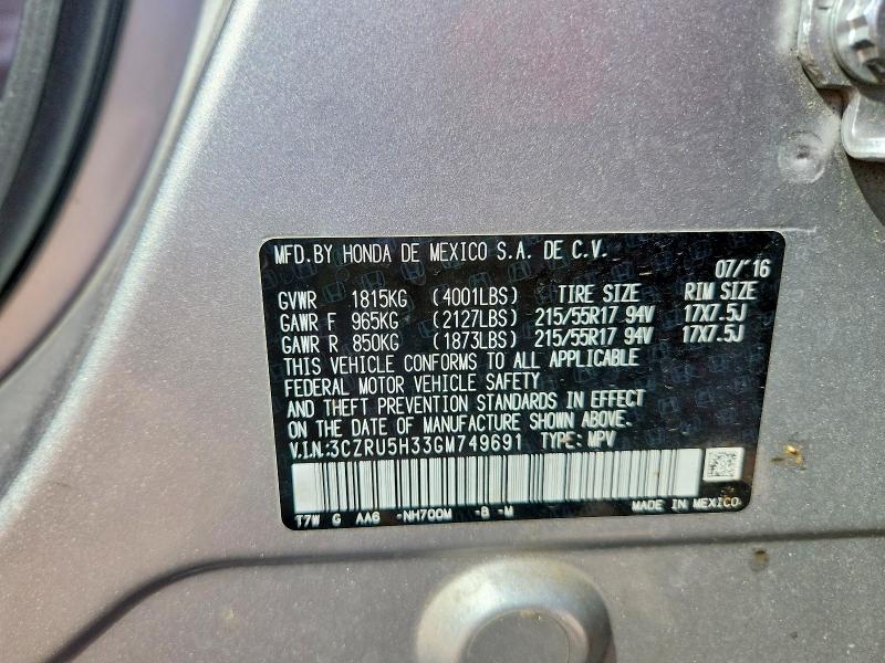 2016 Honda Hr-v მანქანა იყიდება აუქციონზე, vin: 3CZRU5H33GM749691, აუქციონის ნომერი: 67330716