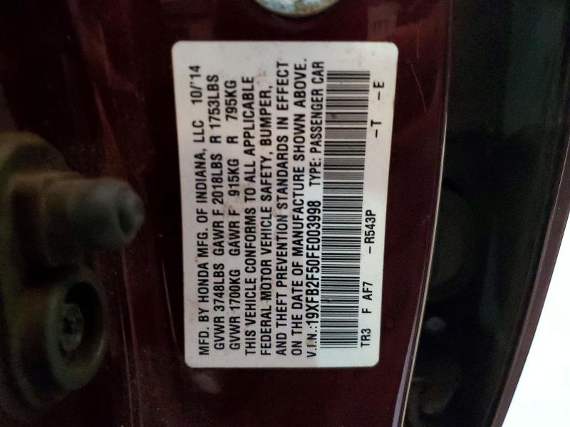 68141206 :رقم المزاد ، 19XFB2F50FE003998 vin ، 2015 Honda Civic مزاد بيع