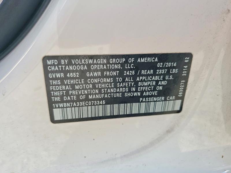 70654126 :رقم المزاد ، 1VWBN7A33EC073345 vin ، 2014 Volkswagen Passat مزاد بيع