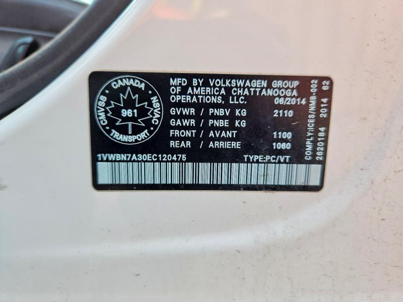 2014 Volkswagen Passat მანქანა იყიდება აუქციონზე, vin: 1VWBN7A30EC120475, აუქციონის ნომერი: 70737586