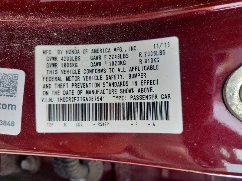 Продажа на аукционе авто 2016 Honda Accord, vin: 1HGCR2F31GA067941, номер лота: 66974526