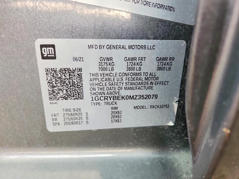 Продаж на аукціоні авто 2021 Chevrolet Silverado, vin: 1GCRYBEK0MZ352079, номер лоту: 69253666