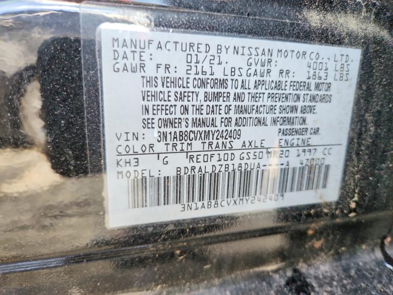 2021 Nissan Sentra მანქანა იყიდება აუქციონზე, vin: 3N1AB8CVXMY242409, აუქციონის ნომერი: 70075506